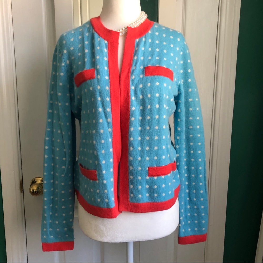 J.McLaughlin Cashmere Dottie Cardigan Blue/off white , w/ coral trim S